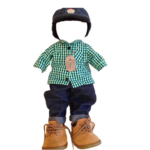 Blue Flat Cap</br>
Checkered Green and White Shirt</br>
Navy Blue Jeans</br>
Boots</br>